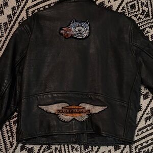 Harley-Davidson Black Leather Jacket with Wolf and Wing Patches